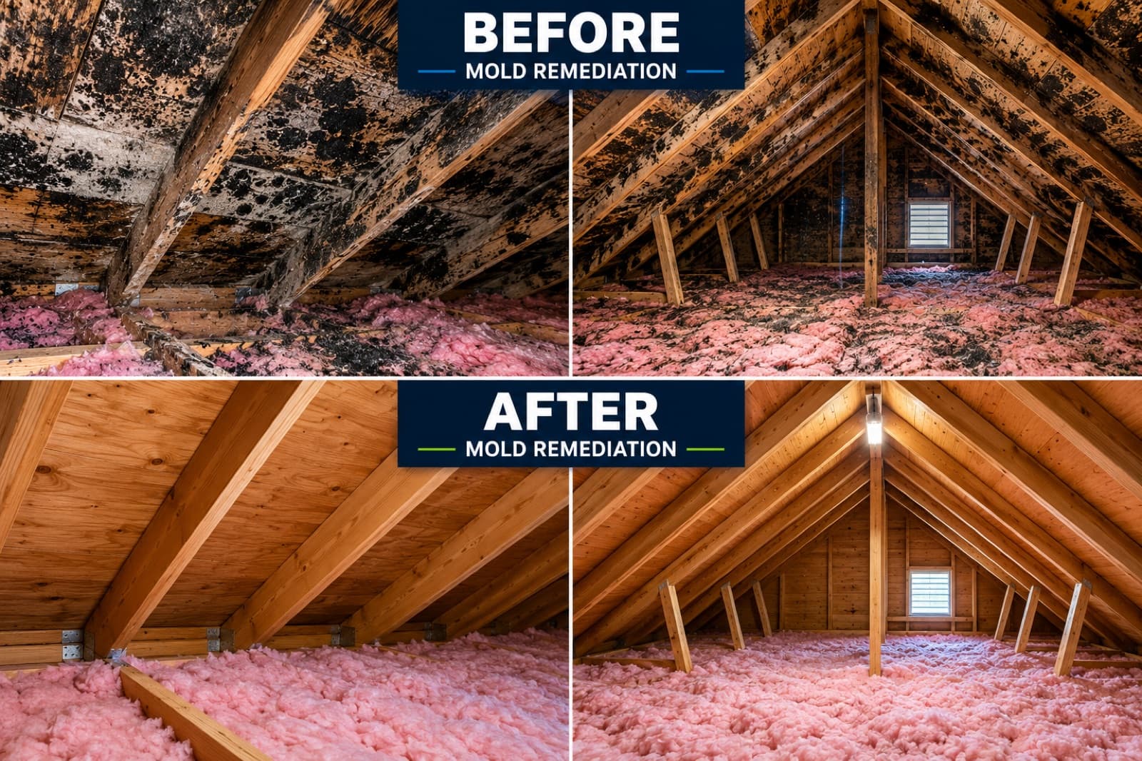 Before and after of attic mold remediation, from heavy mold on the rafters to clean wood