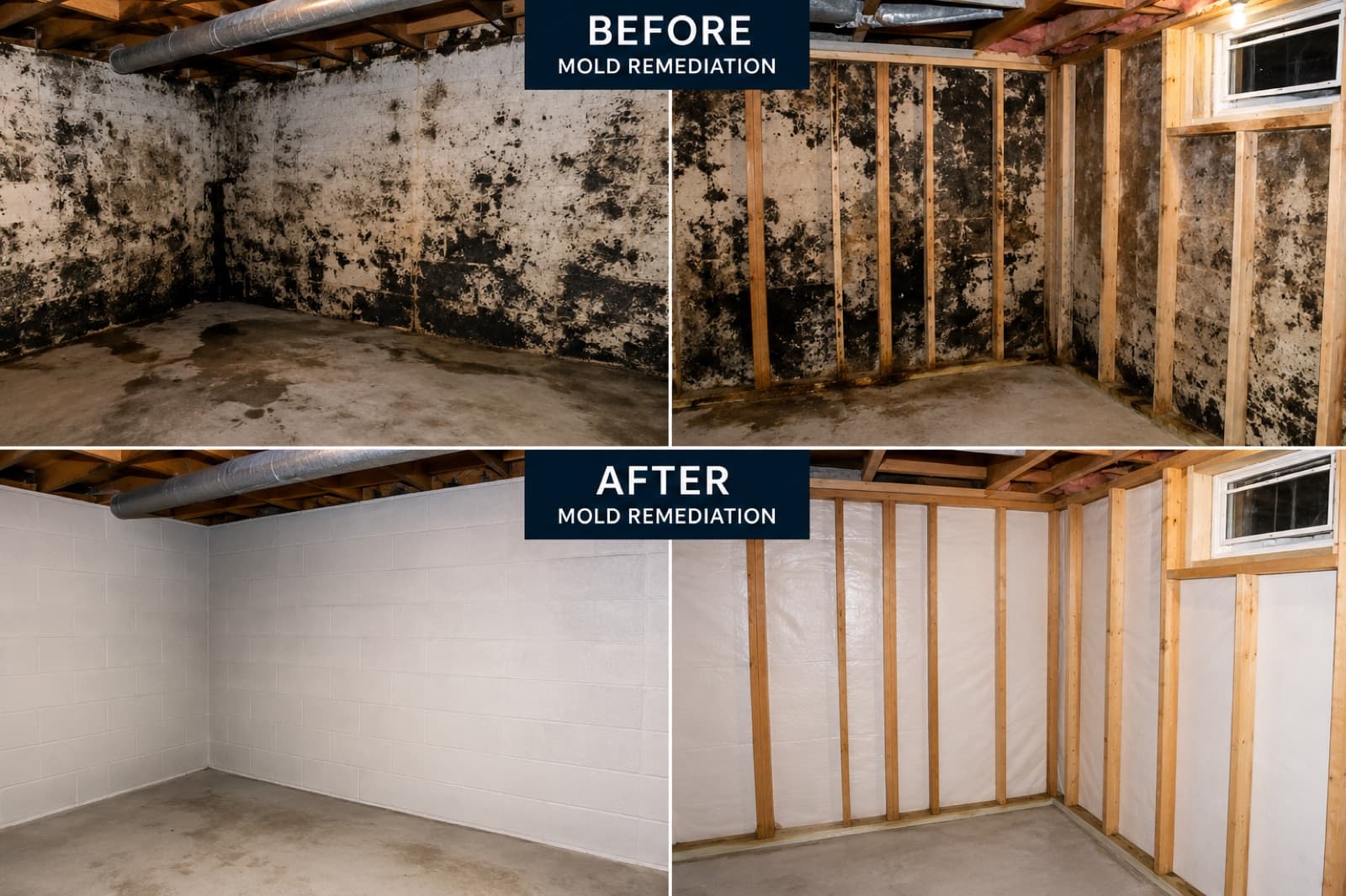 Before and after of basement mold remediation, from heavy black mold to clean walls