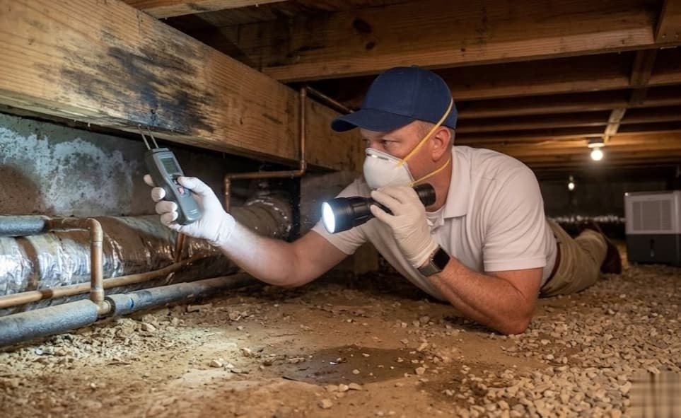 An Erase Mold technician inspecting a crawl space for mold